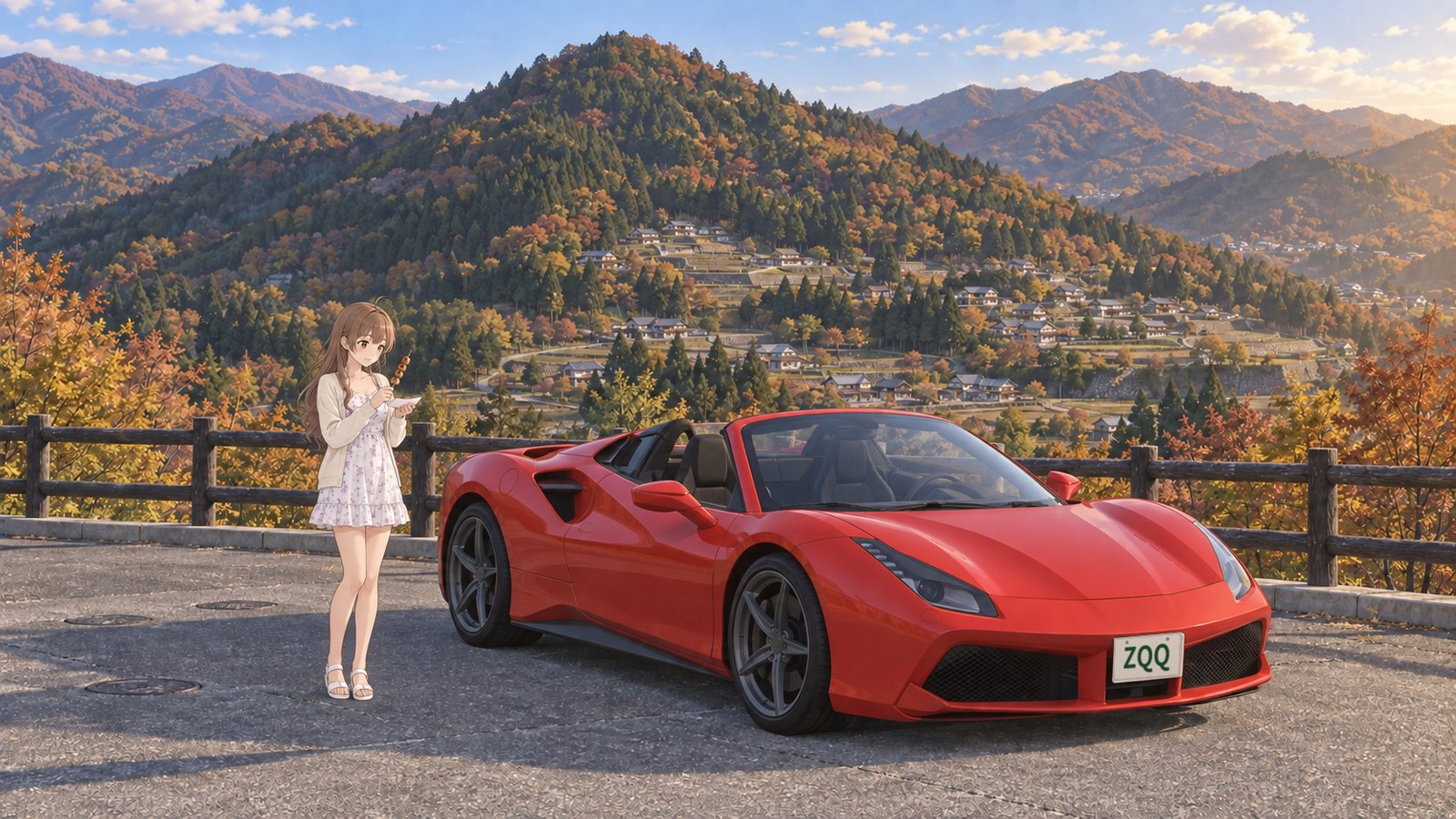 A woman in a short floral dress and light cardigan holds a skewer of local food beside her parked red convertible at a paved viewpoint overlooking Ochiai Village in autumn.