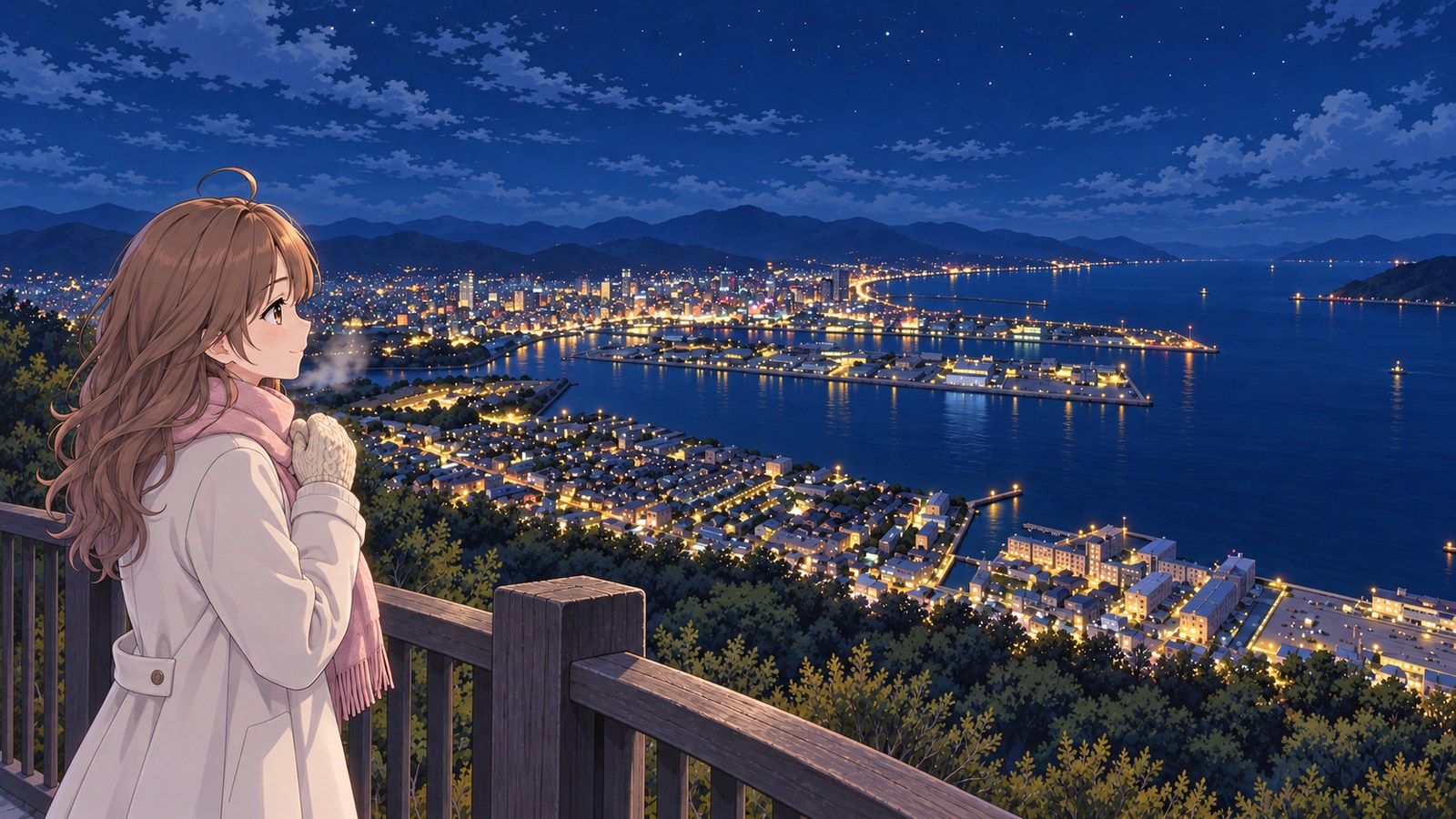 At a lookout on Yashima on a winter night, a woman in a white coat, pink scarf, and cream gloves looks out over Takamatsu and its nighttime harbour. Beyond a wooden railing, the dark sea spreads between the harbour lights.
