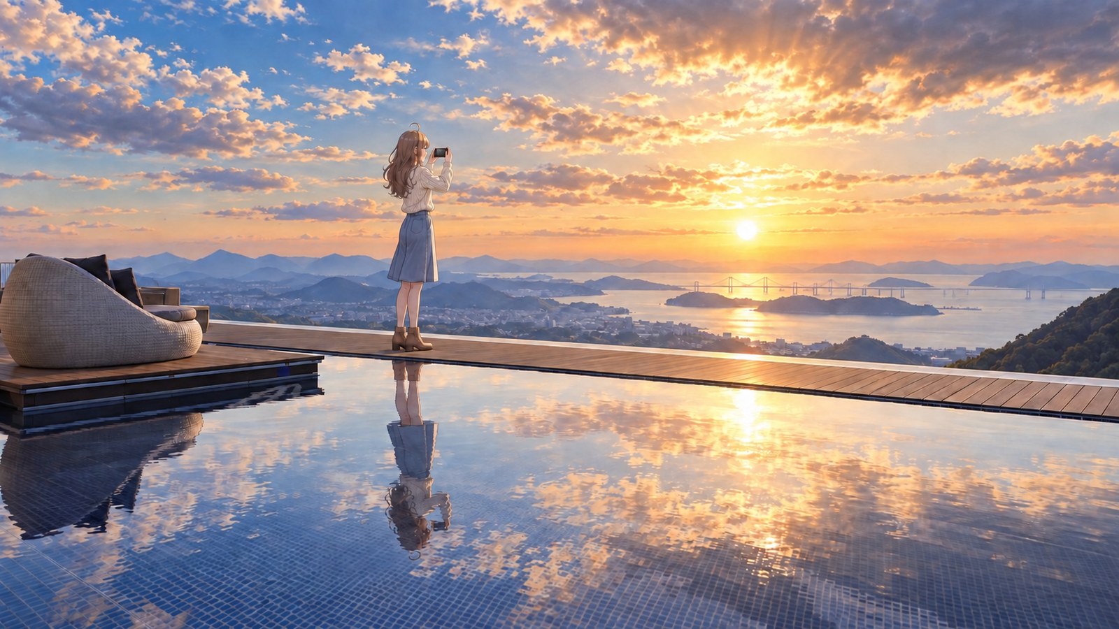 On the terrace with a reflecting pool at Goshikidai, a woman in an ivory sweater, blue skirt, tights and brown boots takes a sunset photo with her phone beside the wooden edge. The sky and her reflection show in the pool, with the Seto Inland Sea and Seto Ohashi Bridge in the distance.