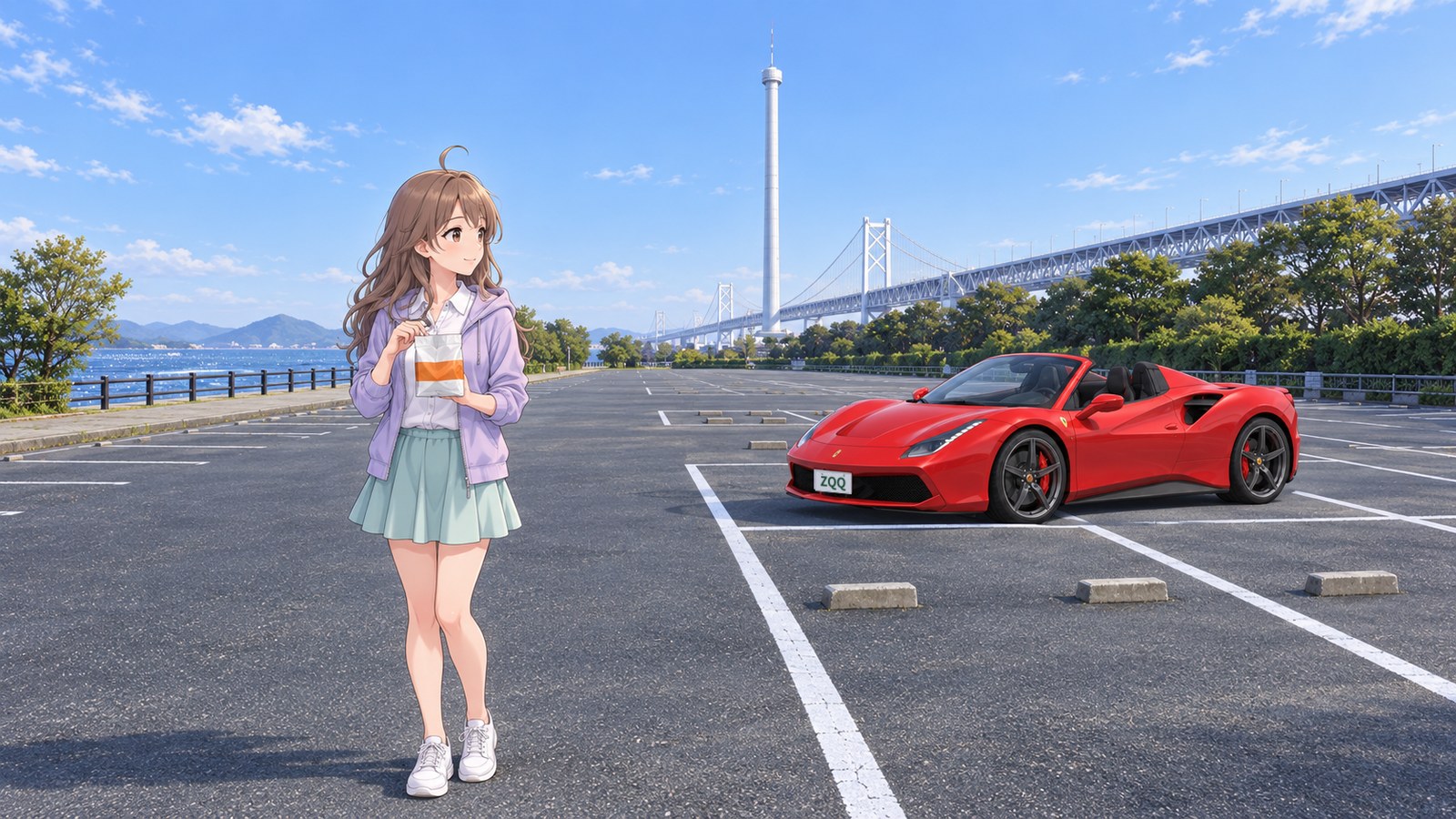 At the west car park of Seto Ohashi Memorial Park, a woman in a white blouse, pale mint skirt, light purple jacket and white sneakers holds a bag of snacks and looks at Seto Ohashi. The sea is on the left, Seto Ohashi Tower in the middle, and a red open-top car on the right.