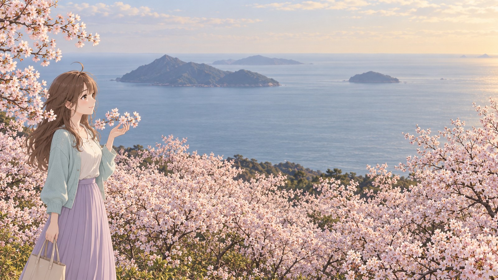 At the summit of Mount Shiude, a woman in an ivory blouse, pale blue cardigan, and light purple pleated skirt stands beneath a cherry branch with one palm raised under it. She carries a beige tote in her other hand. The Seto Inland Sea and its islands are visible beyond the blossoms.