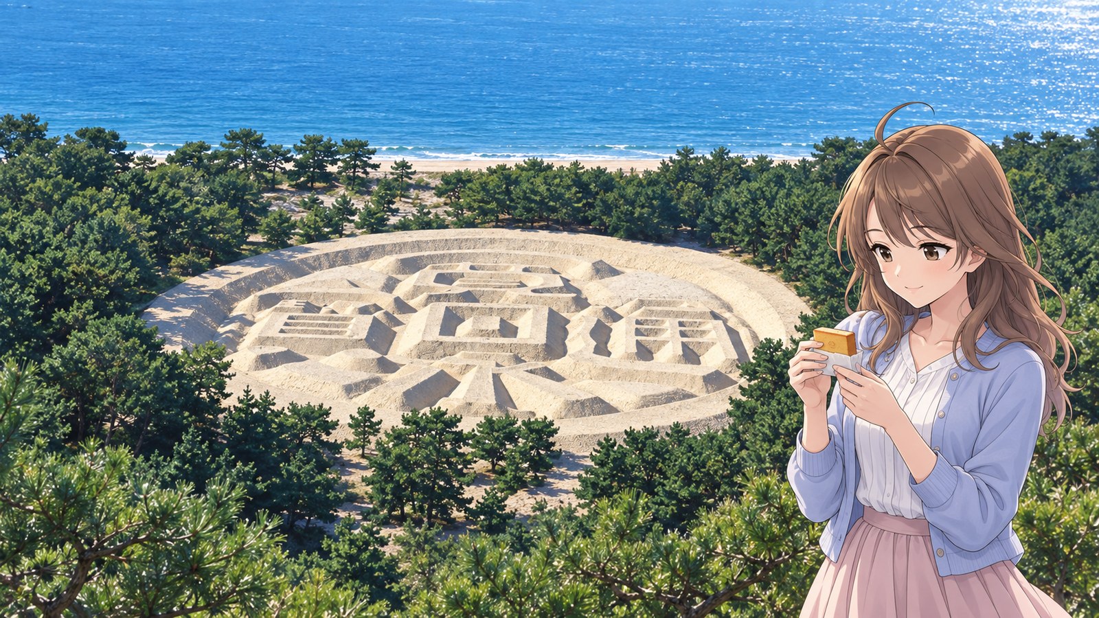 At the Kotohiki Mountain lookout, the heroine wears a pale blue cardigan, a white blouse, and a pale rose-colored skirt as she looks at a small square sweet wrapped in paper. Below her lies the Zenigata Sand Sculpture, surrounded by pine trees, with Ariake Beach and the blue sea beyond.