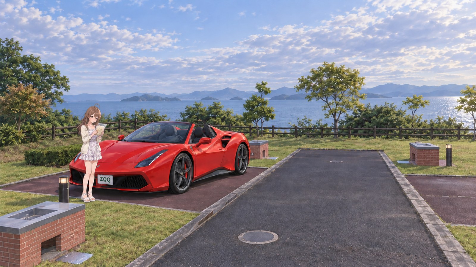 At Seaside Corridor in Ōkushi Nature Park, a woman in a short white dress patterned with pale purple flowers, a cream cardigan and white sandals holds a bag of white udon noodles. Her red convertible is parked at a campsite, with the Seto Inland Sea and its islands visible beyond the path.