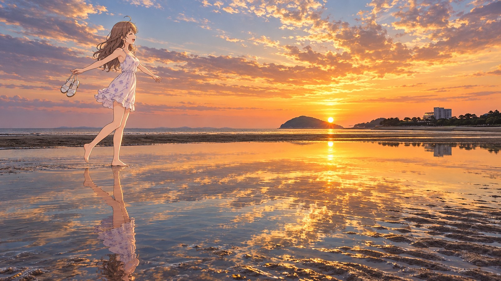 Di kolam pasang Pantai Chichibugahama yang memantulkan matahari terbenam dan langit seperti cermin, seorang perempuan tertawa sambil berdiri dengan satu kaki, merentangkan kedua tangan, dan memegang sandal.