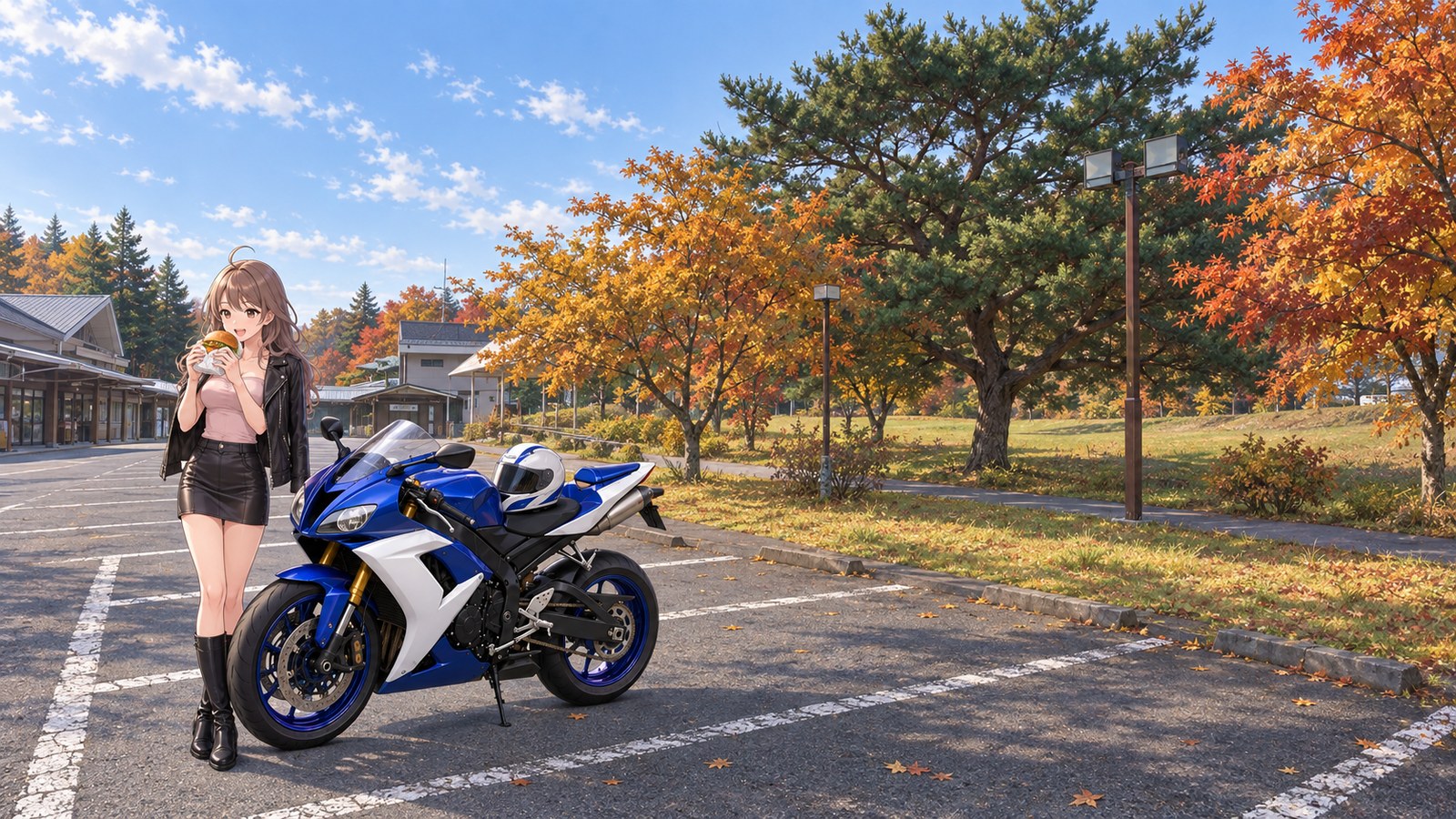 A woman in a pink top, black miniskirt, black jacket and boots brings a burger to her mouth beside her parked blue-and-white motorbike. Trees in autumn colour and the Kankakei summit station are behind her. One helmet rests on the seat.