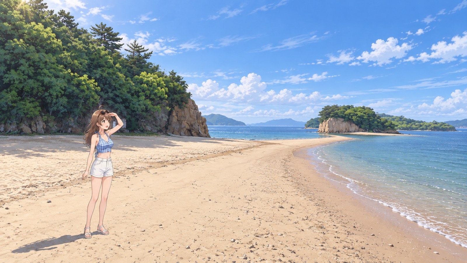 At low tide on Angel Road, a sand path runs from a tree-covered rocky outcrop on the left toward a distant island. A woman in a pale blue gingham top and white shorts shades her eyes with one hand on the beach.