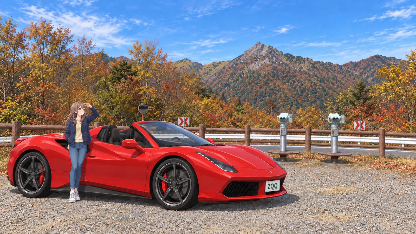 At Nagao-One Ridge Observatory Deck, overlooking Mount Ishizuchi in its autumn foliage, a woman in a navy quilted jacket and jeans shades her eyes and looks up at the mountain. A red open-top car is parked on the gravel beside a wooden fence and two telescopes.