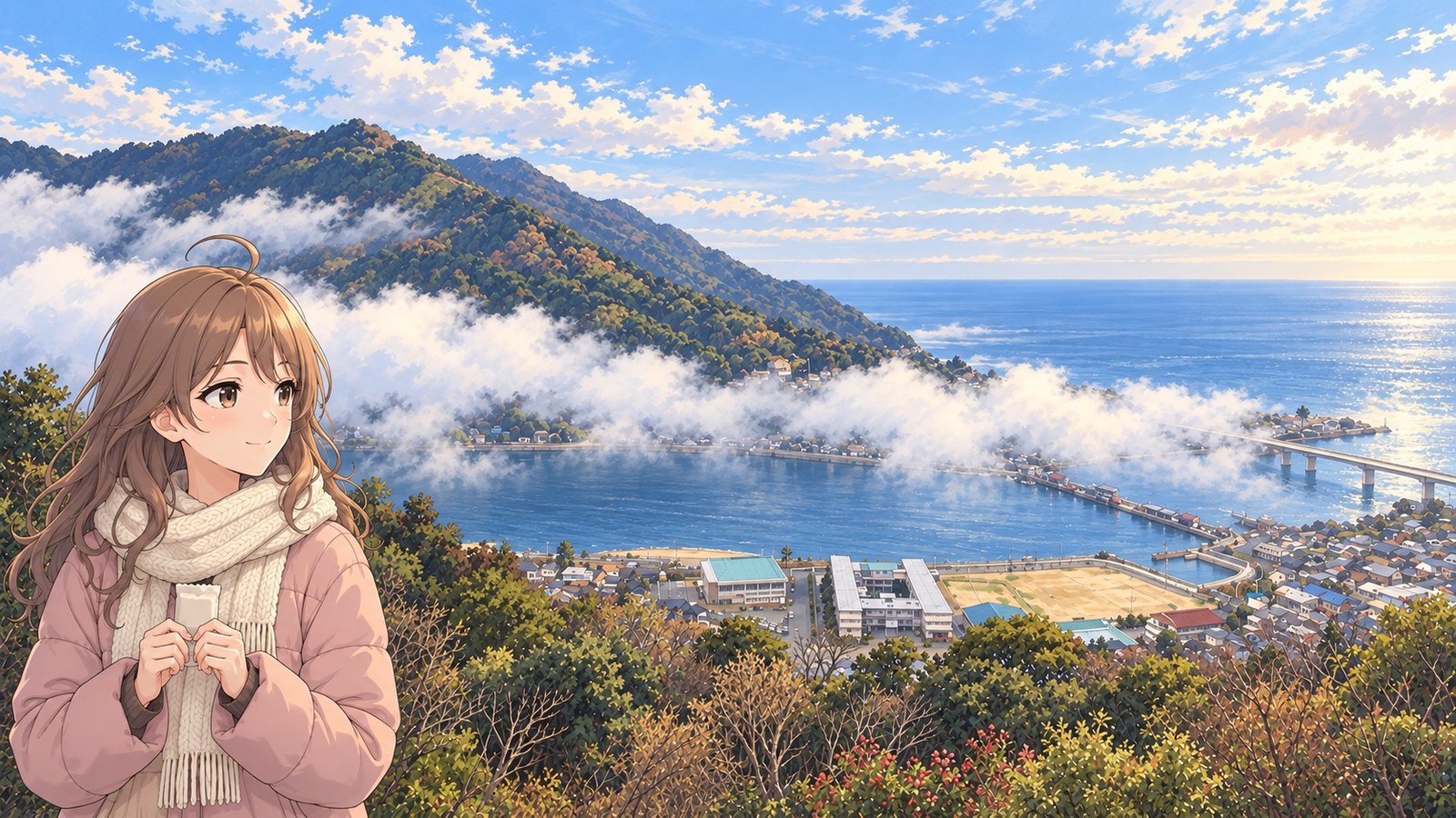At Hijikawa Arashi View Park in winter, a woman in a pale pink coat and white scarf holds a sealed white paper packet in both hands as she watches fog spread over the town and bridge toward the river mouth.