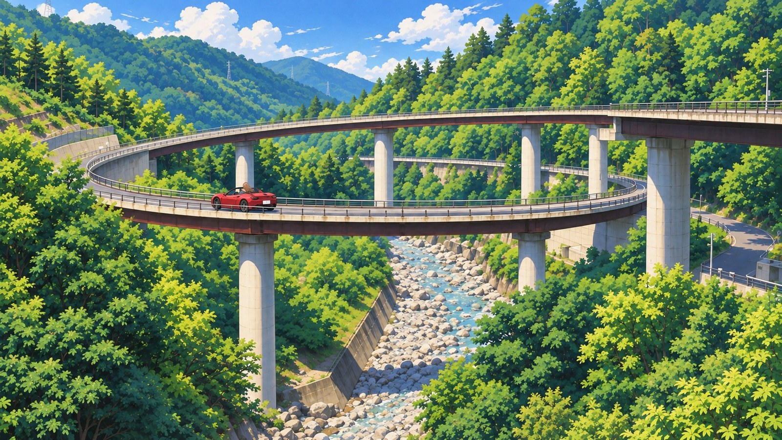Seiryū Bridge loops above a rocky riverbed, surrounded by fresh spring greenery. In the foreground, a red convertible follows a curve in the road, with the driver visible as a small figure.