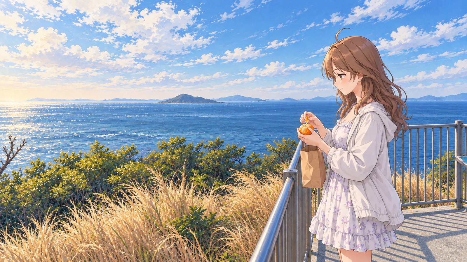 A woman in a light jacket and a pale lavender floral dress peels a citrus fruit over a paper bag at a seaside rest spot near Sada Misaki Lighthouse. Beyond the railing are grass, blue sea, and the outline of low-lying land in the distance.