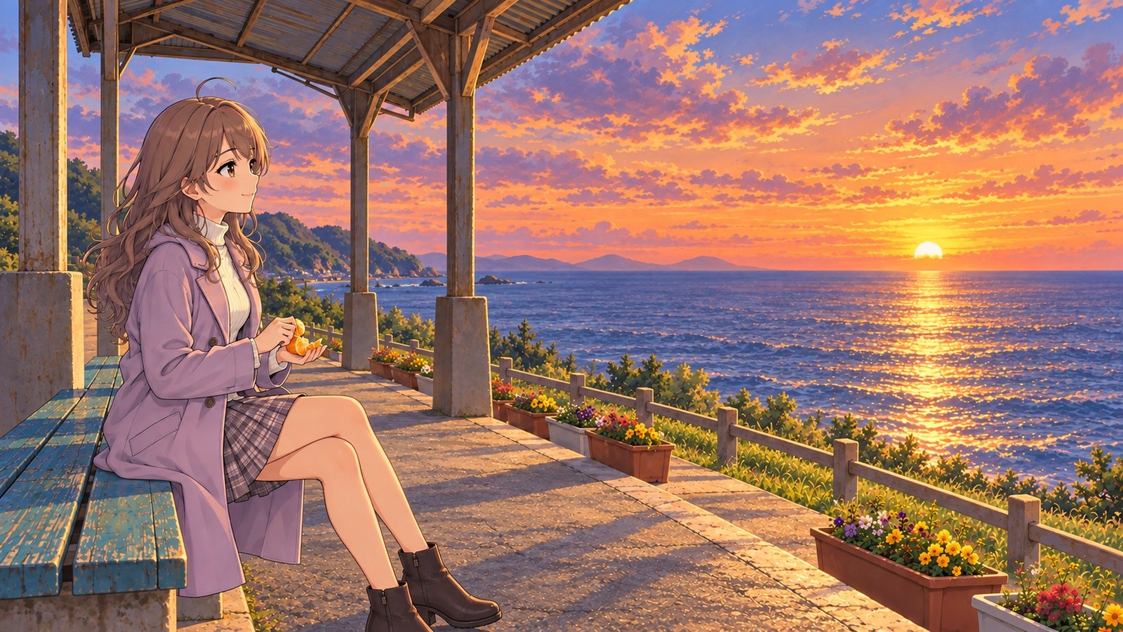 At dusk on the platform at JR Shimonada Station, a woman sits on a bench, pausing with a mandarin half-peeled to look out at the sun setting into the Iyo-nada Sea.