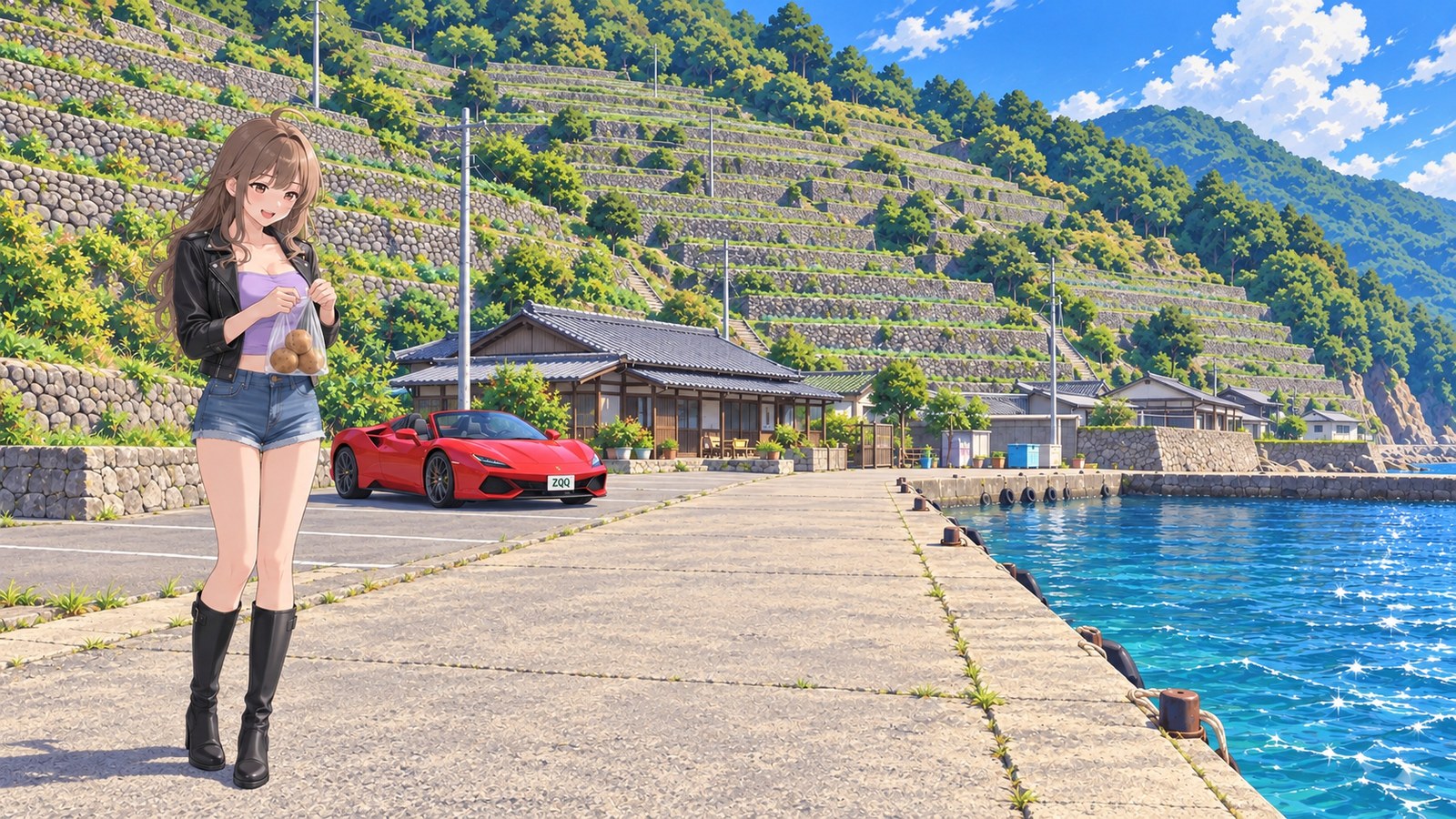 At the foot of the Yusu Mizugaura Terraces in spring, a woman in a black jacket, denim shorts and black knee-high boots smiles while holding a bag with three new potatoes in both hands. Terraced stone fields rise on the left, a red car is parked in the distance, and the harbor is on the right.