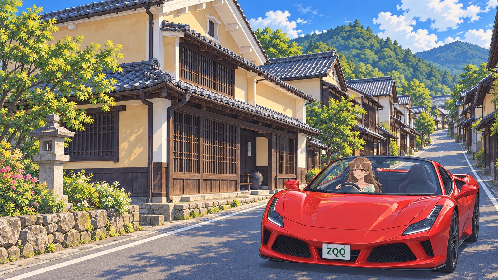 A woman in a mint-coloured top drives a red convertible along a street lined with tiled-roof merchant houses and wooden latticework in Yokaichi-Gokoku, looking ahead.
