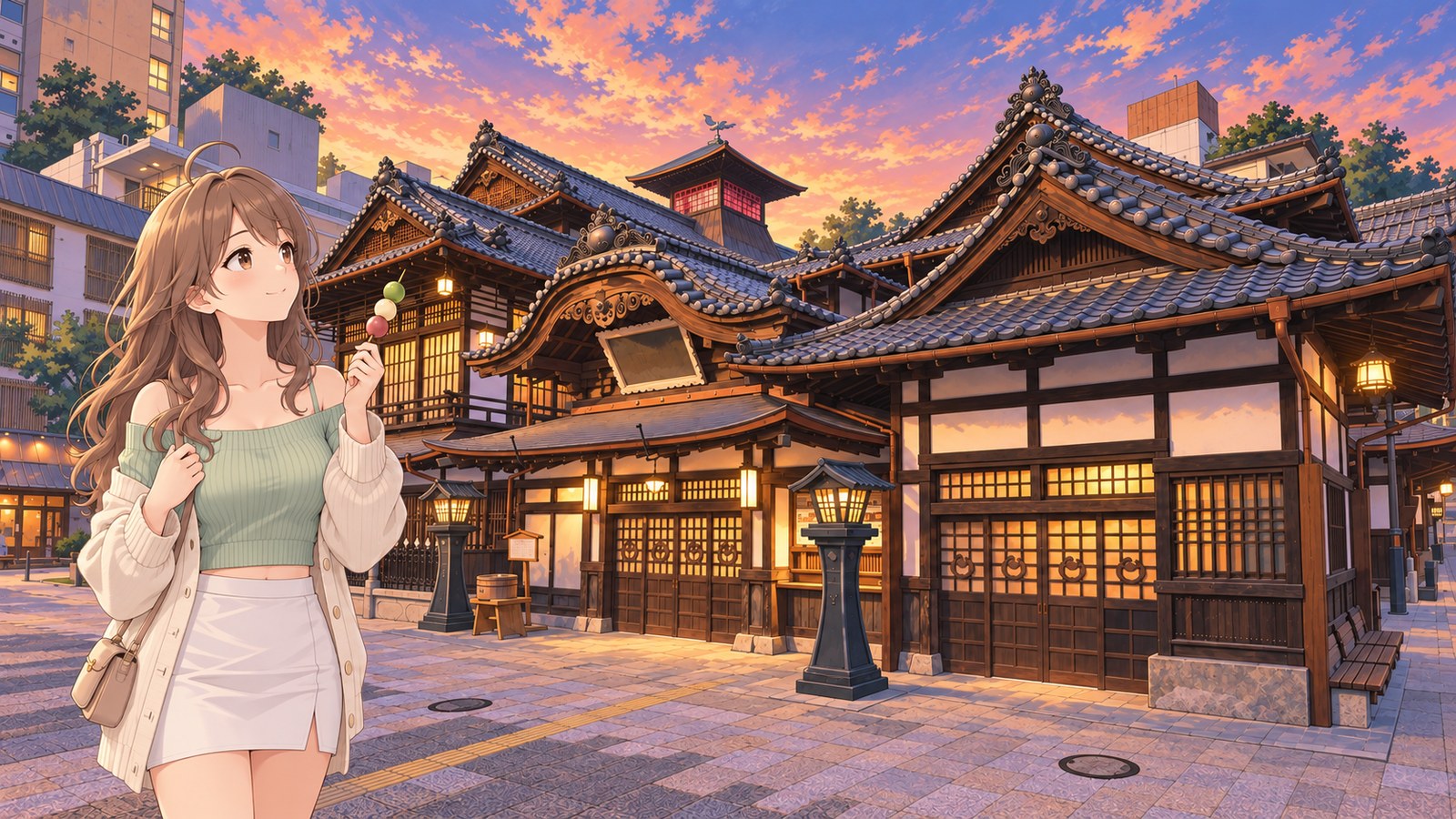 A woman smiles as she looks up at Dogo Onsen Main Building and its red-lit Shinrokaku rooftop pavilion, a three-colour Botchan dango in her hand.