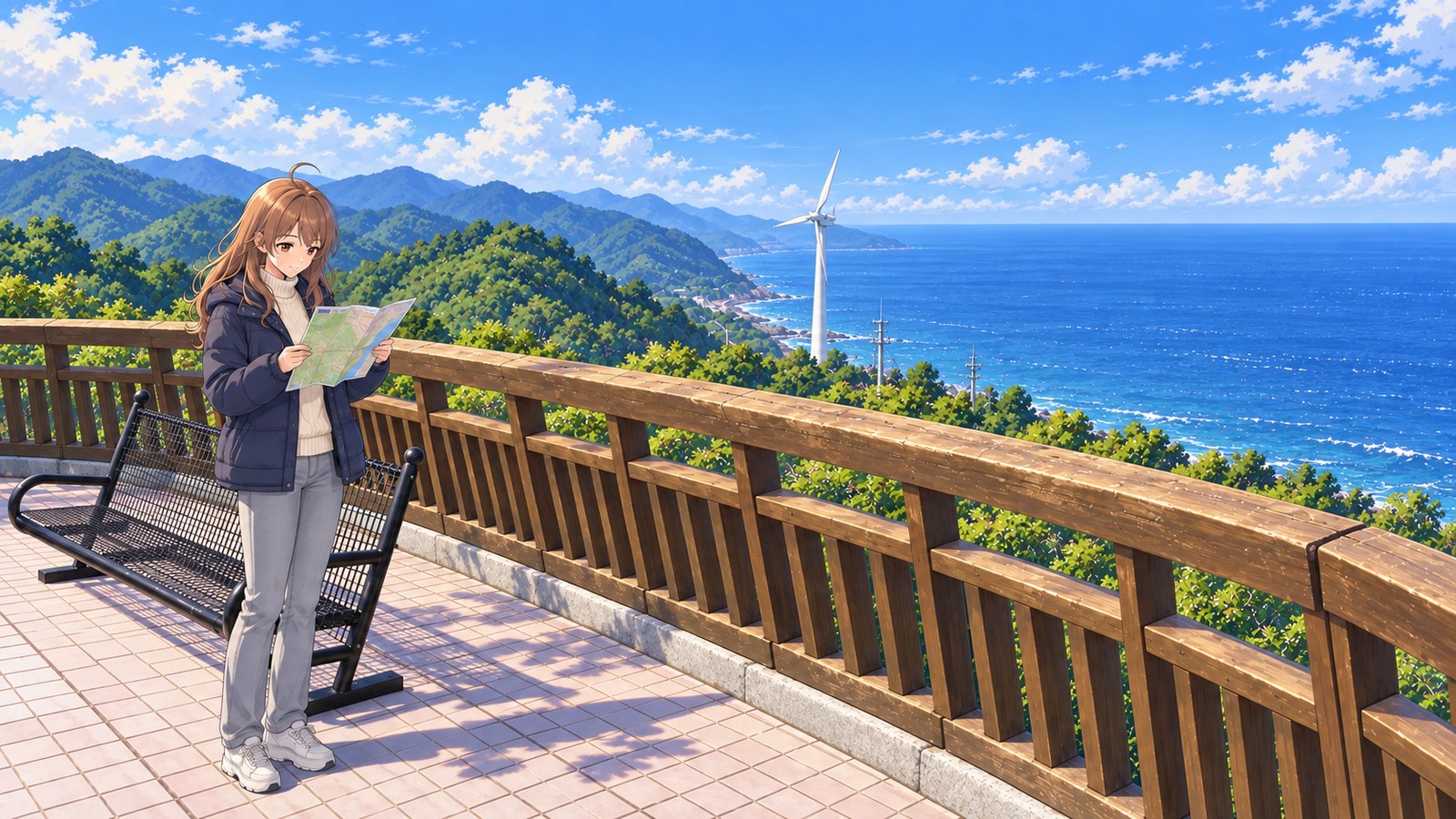 At Muroto Skyline Summit Observatory, a woman in a navy winter coat and white turtleneck holds a map open in both hands beside a wooden handrail and black bench. Mountain ridges lie to her left, the Pacific to her right, and a white wind turbine stands near the coast.