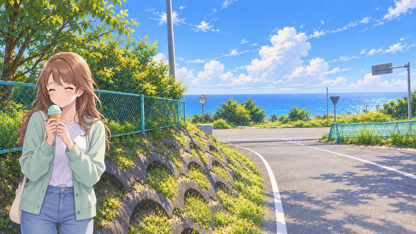 At a car park along the springtime Yokonami Kuroshio Line, the heroine, wearing a mint-green cardigan and blue jeans, smiles with her eyes closed, holding a cone of pale blue-green ice cream in both hands. Green railings and a retaining wall stand beside the road, with the Pacific visible beyond a bend.