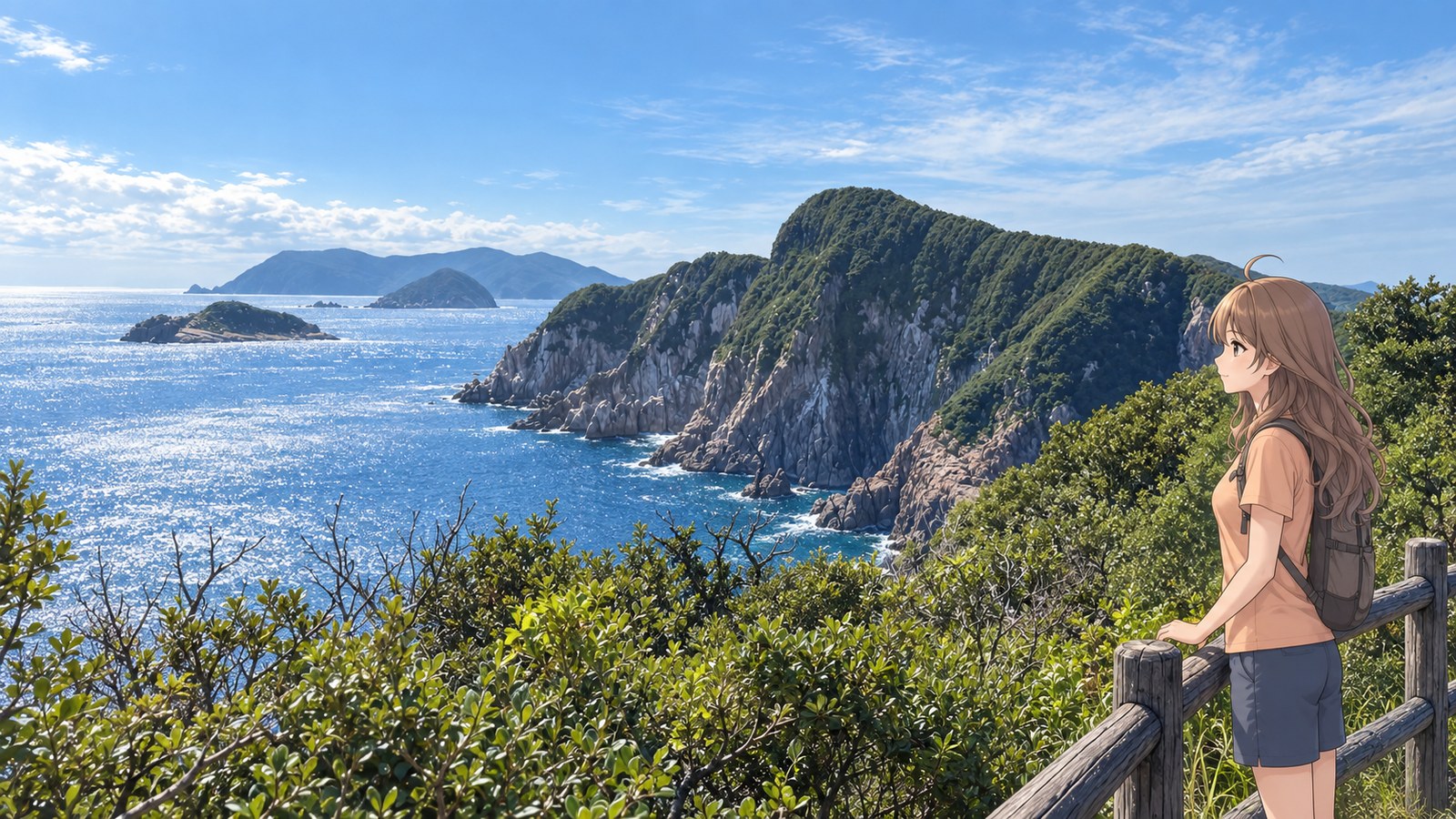 A woman in an apricot short-sleeved top, blue-gray shorts and a small backpack rests one hand on a wooden railing and looks out from the summer trail along Odo Coast. Sea and reefs lie to her left; a large gray cliff and green headland rise to her right.
