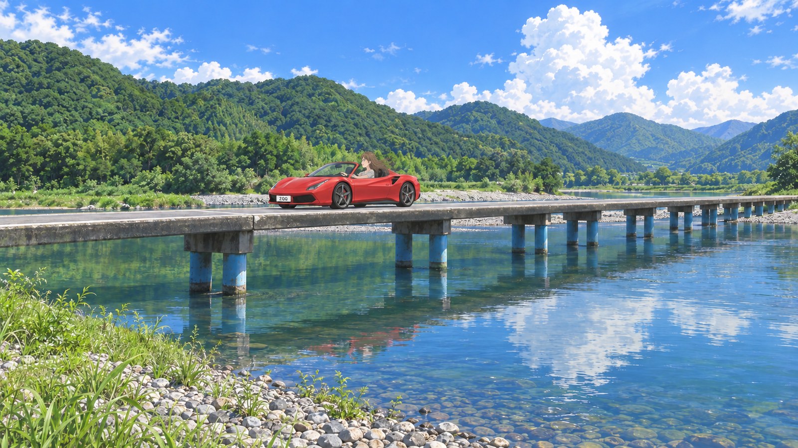 欄干のない佐田沈下橋を、赤いオープンカーでゆっくり慎重に渡る主人公。緑の山と青い四万十川
