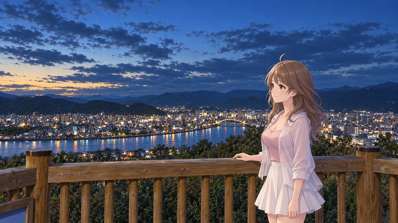 At Godaisan Observatory Terrace at early-summer dusk, a woman in a sheer white shirt, non-sheer pink bustier, and white skirt rests one hand on the wooden railing and looks out over Kochi City. In the distance are a river, an arched bridge, city lights, mountain ridges, and the blue evening sky.