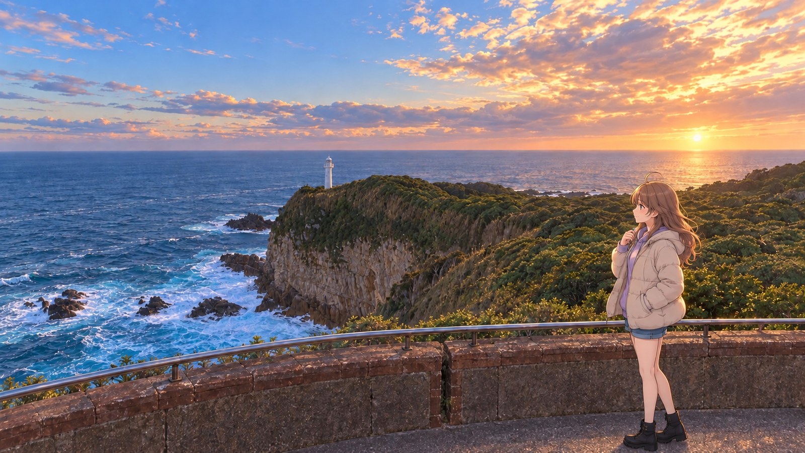 At the stone balustrade at Cape Ashizuri, a woman in a beige down jacket, lavender hoodie, denim shorts, opaque tights and black boots gazes out at the sea, one hand in her pocket and the other holding her coat collar. Behind her are the white lighthouse and the cape, with the Pacific Ocean and a warm-toned sky beyond.