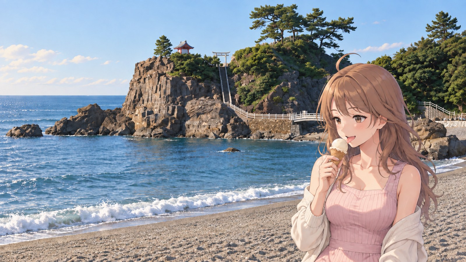 A woman in a pink sleeveless dress and pale cardigan eats a cone of icecrin, with Ryūō Cape, pine trees and Pacific waves at Katsurahama behind her.