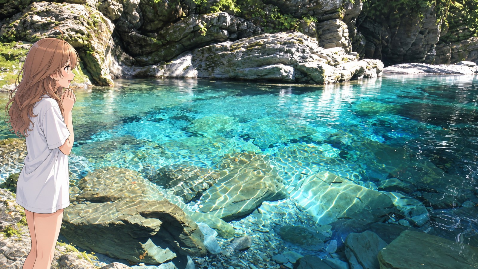 At Suishōbuchi in Yasui Gorge, a woman in an oversized white T-shirt stands with her hands clasped at her chest, gazing at the clear water and the rocks beneath it.