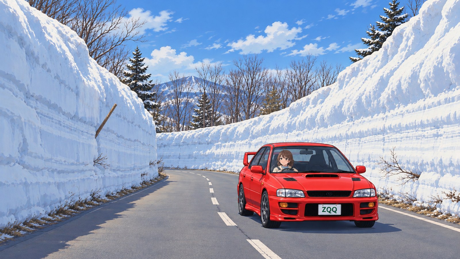 A woman in a warm jacket grips the wheel of a red sedan as she rounds a bend between towering snow walls.