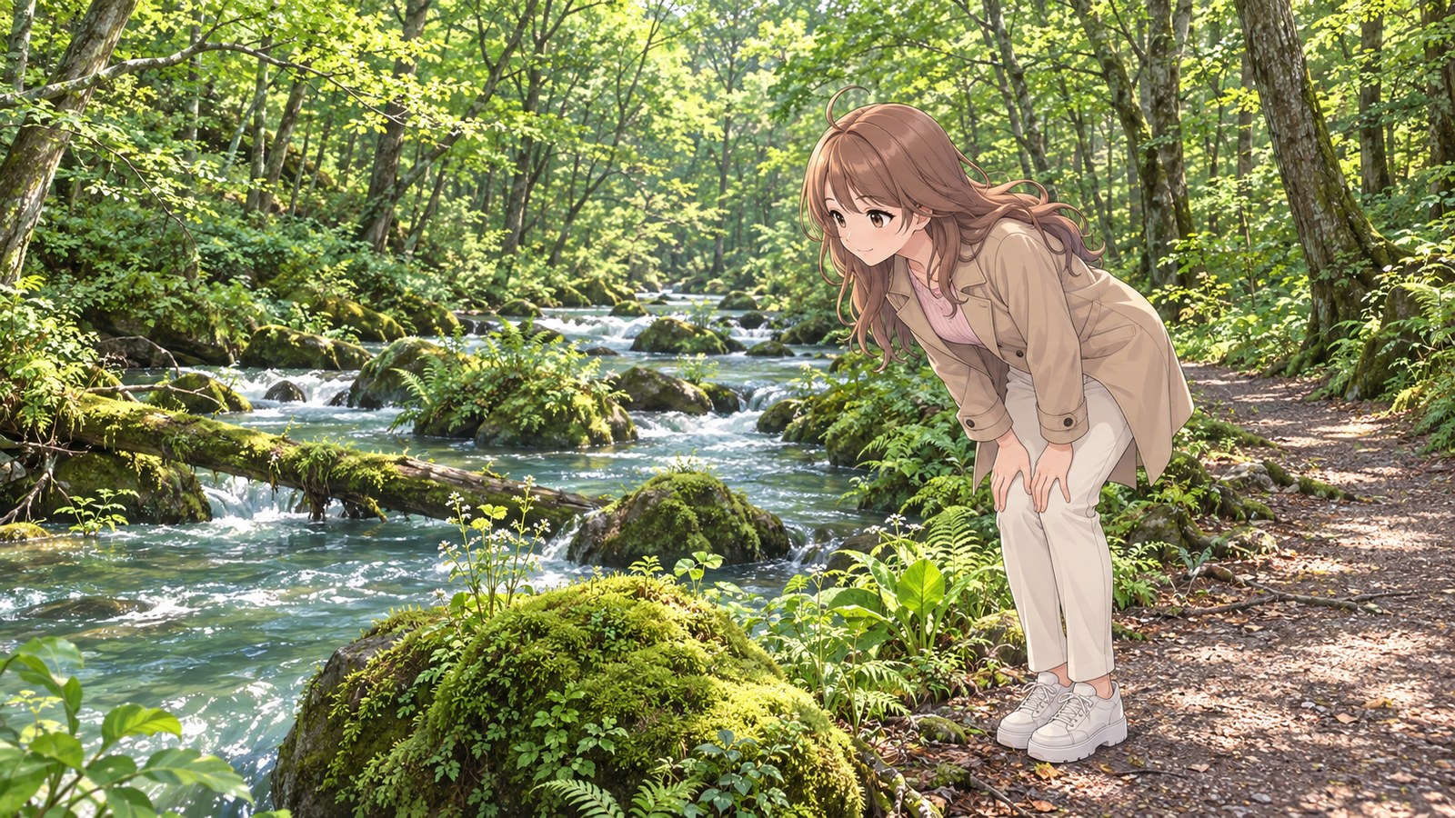 新緑の森を流れる奥入瀬渓流の遊歩道で、膝に手をついて岩の苔をのぞき込む主人公