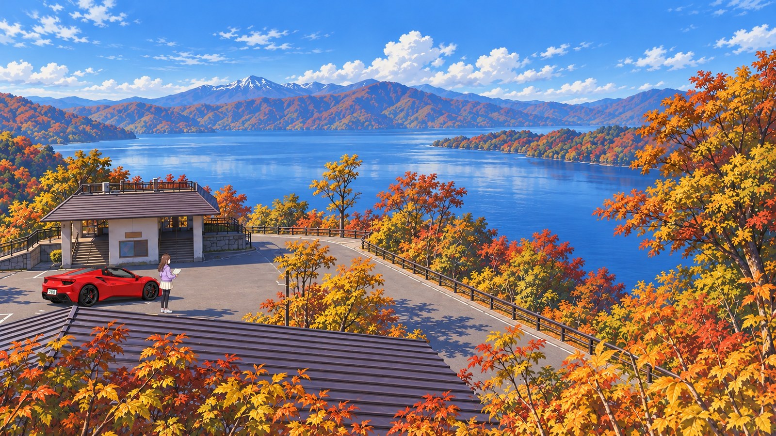 Lake Towada and the lookout framed by autumn leaves, with a woman holding a map beside a red car.