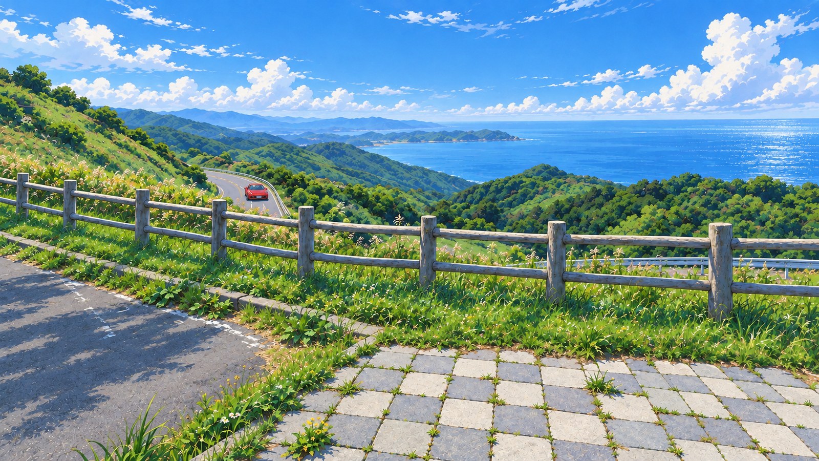 Looking down from a lookout over the Tatsudomari Line in summer: a road winding along the mountainside above the sea, with a red convertible in the distance.