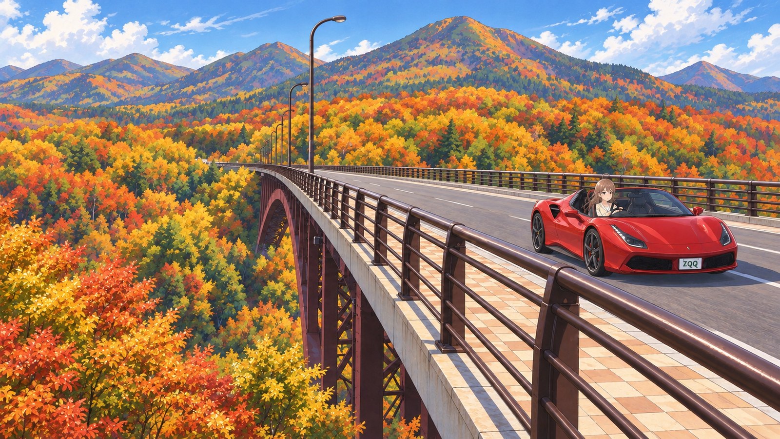 Autumn leaves in the gorge below Jōgakura Bridge, its walkway, and a red open-top car crossing the bridge
