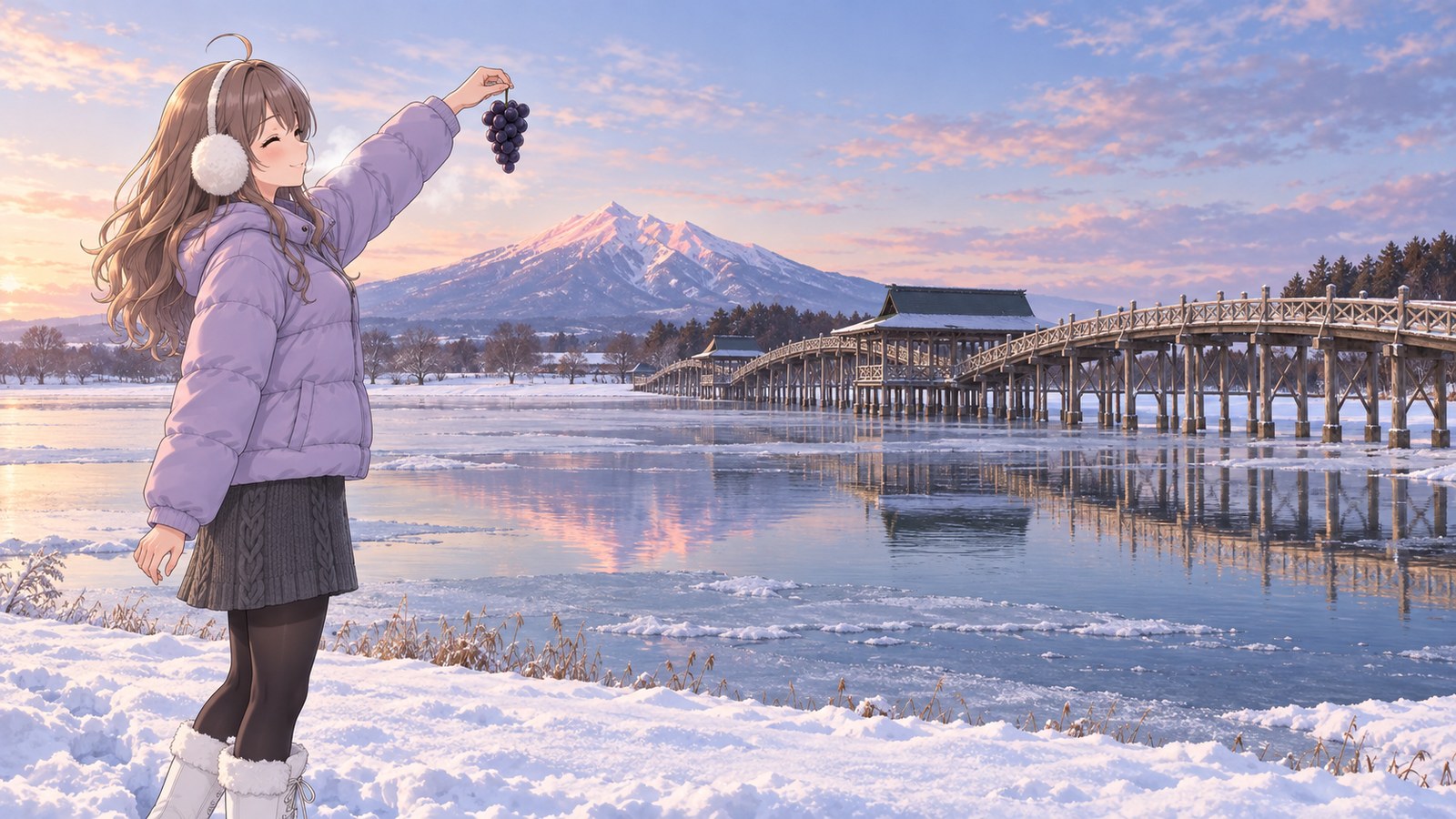 雪の津軽富士見湖に架かる木造三連の鶴の舞橋と岩木山。黒紫のぶどうの房を片目をつぶって山に重ねる主人公