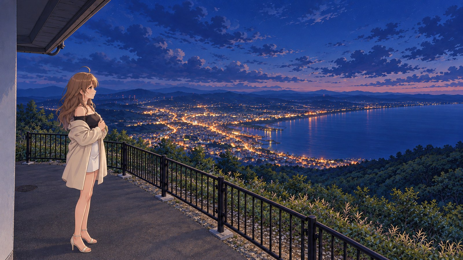 At the paved viewing area beside the Mount Kamafuse Observatory building, the narrator holds the front of her cream-colored coat closed and looks out over Mutsu's nightscape. Beyond the black railing, the city lights and Mutsu Bay stretch into the distance.