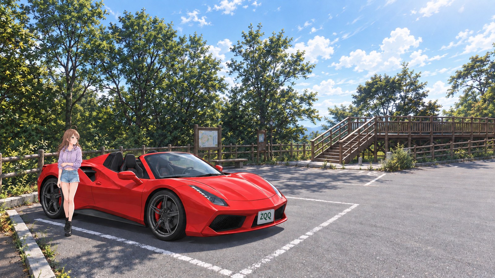 At the parking area by the Hotokegaura lookout in summer, the narrator stands beside her parked red open-top car, wearing a lavender hoodie and denim shorts. Wooden steps and a viewing deck are to the right; trees hide the coastal rock formations from view.