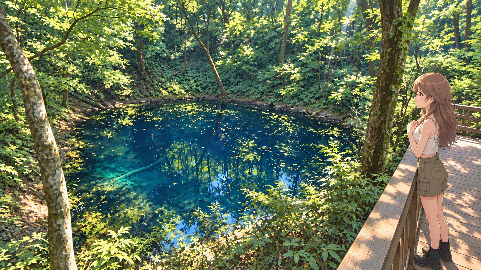 A woman wearing a white top, khaki mini skirt, and black boots gazes down at Aoike Pond from the wooden deck at Juniko in June, her hands lightly clasped at her chest. Trees are reflected in the blue water, with a fallen tree visible beneath the surface.