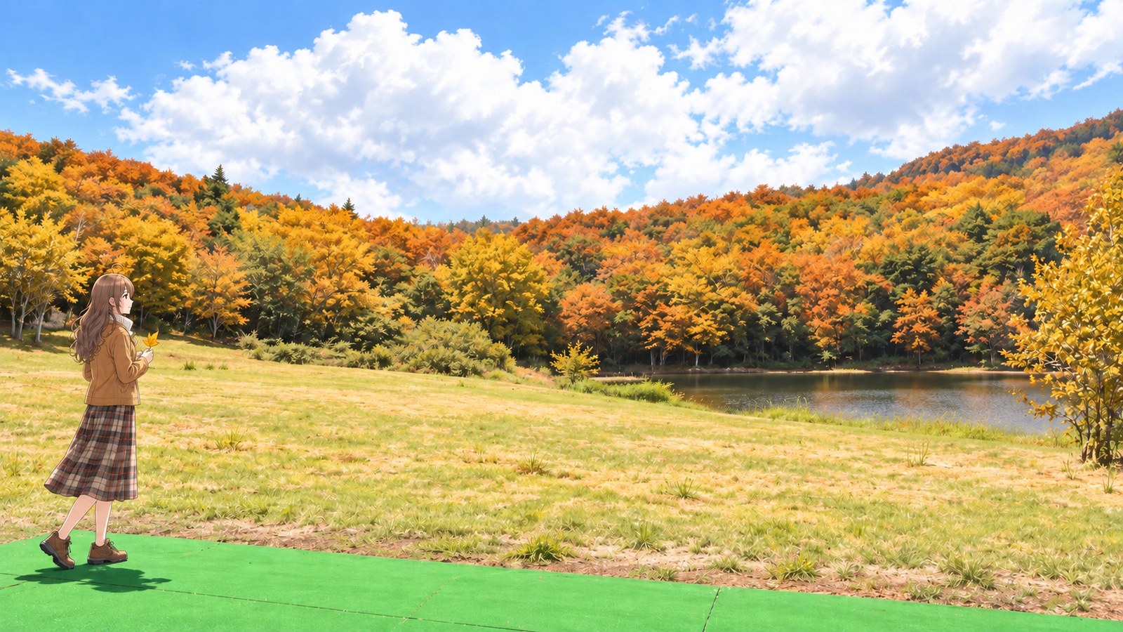 The grassy shore at Tsubunuma in autumn, foliage on the far shore, and the heroine in a jacket holding a leaf.