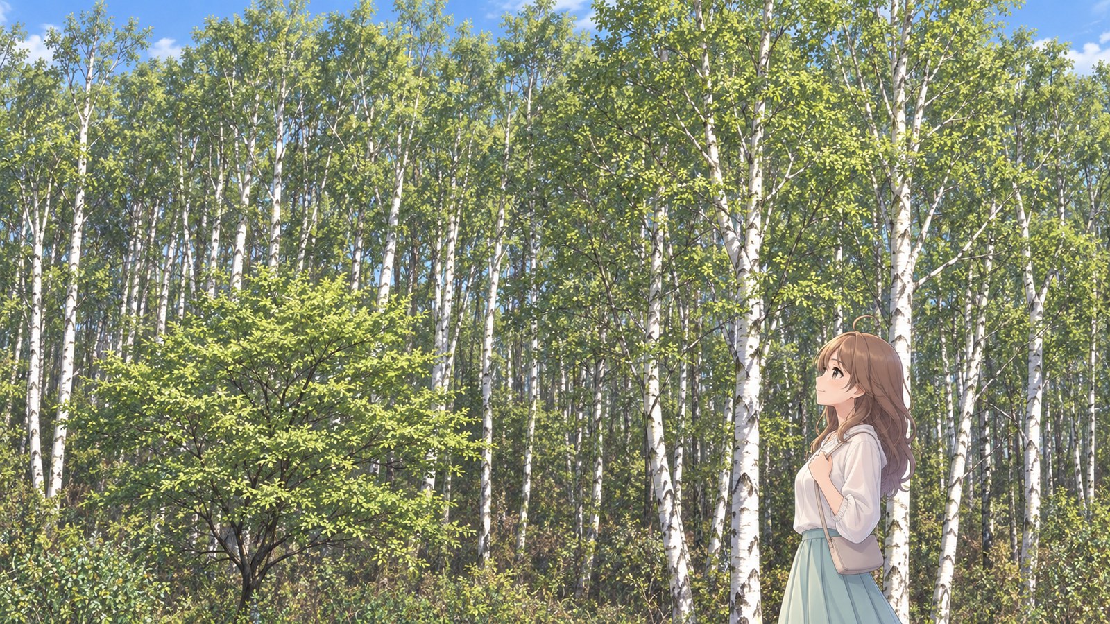 A woman in a white blouse and mint-green skirt among the fresh green birch trees at Hiraniwa Highland.