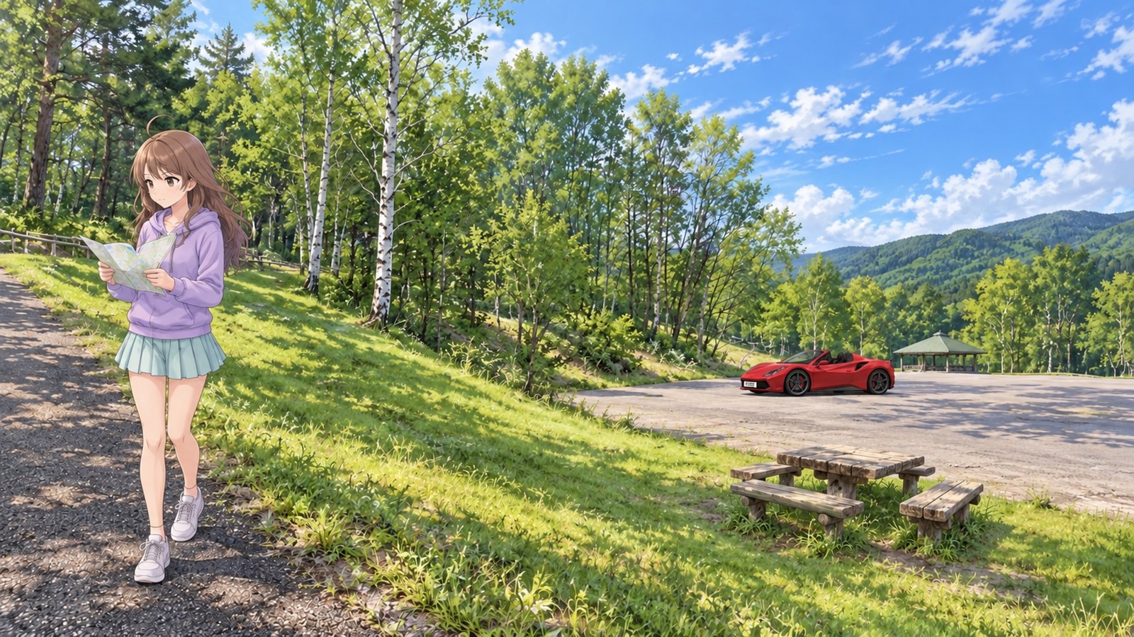 The heroine in a hoodie checks a map on a trail surrounded by fresh green foliage at Kuzakai Highland, with a red car in the car park in the background.