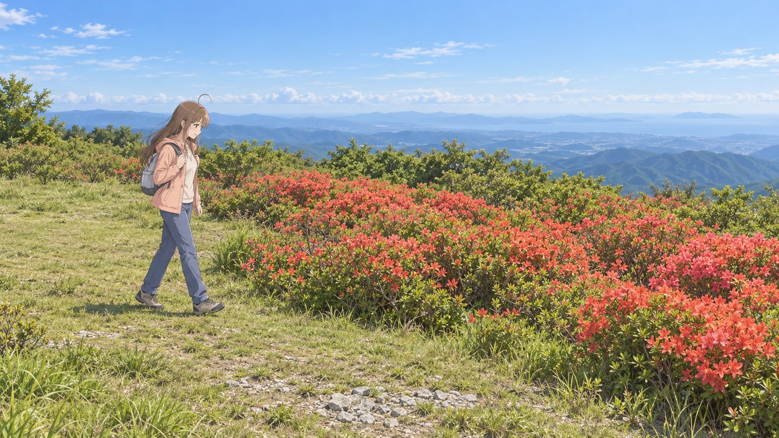 A woman with a backpack looks at early-summer azaleas in the grassland on Mt. Murone, with distant mountains and the sea behind her.