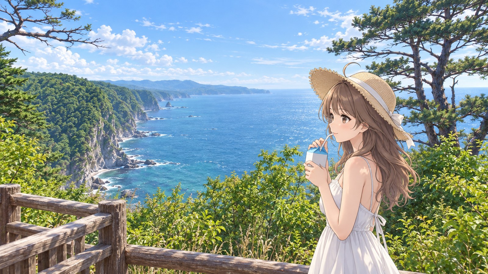 A woman in a straw hat and white dress drinks through a straw from a carton, with the sea at Unosu Cliffs behind her