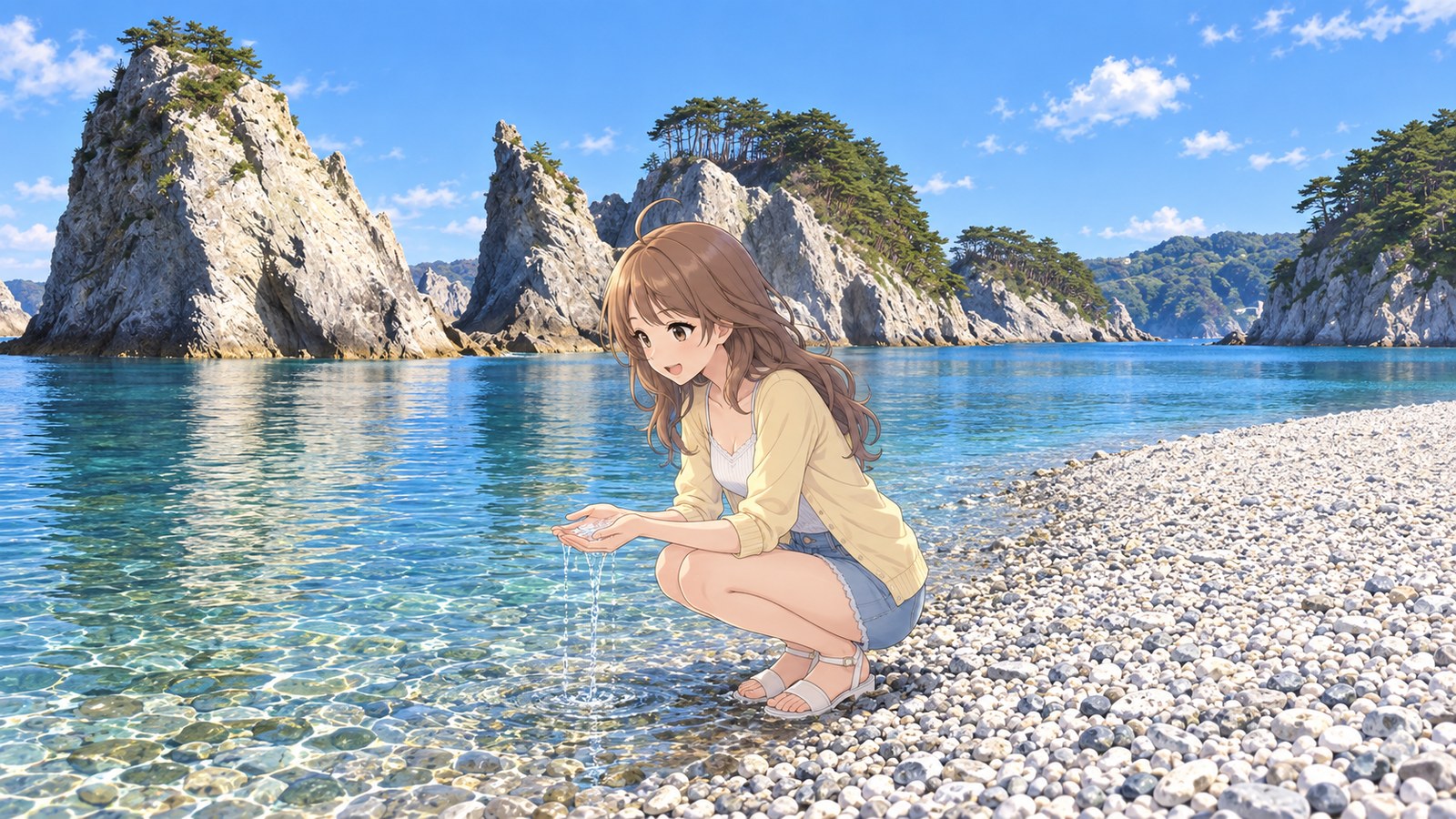 白い流紋岩のとがった岩と松に囲まれた浄土ヶ浜で、しゃがんで両手ですくった海の水の透明さに驚く主人公