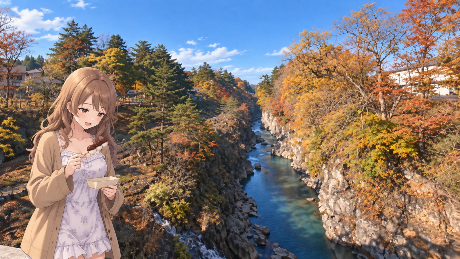 A woman in a light brown coat and floral dress stands on the bridge walkway at Genbikei Gorge in autumn. She holds a paper plate and a skewer of dango and looks at the dango. Behind her, the Iwai River flows between deep cliffs.