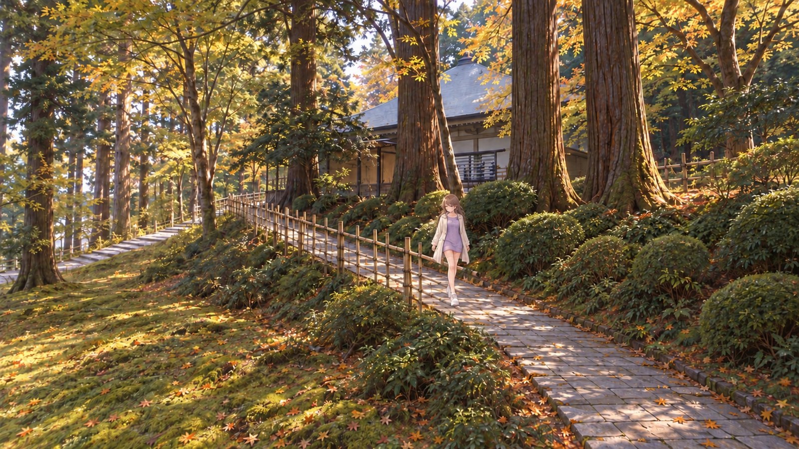 At Chusonji in autumn, a woman in a cream-colored coat and lavender knit dress walks down a stone-paved path, watching her step. A bamboo fence, massive cedar trunks, and autumn leaves line the path; a building with pale walls and a gray roof is visible through the trees.