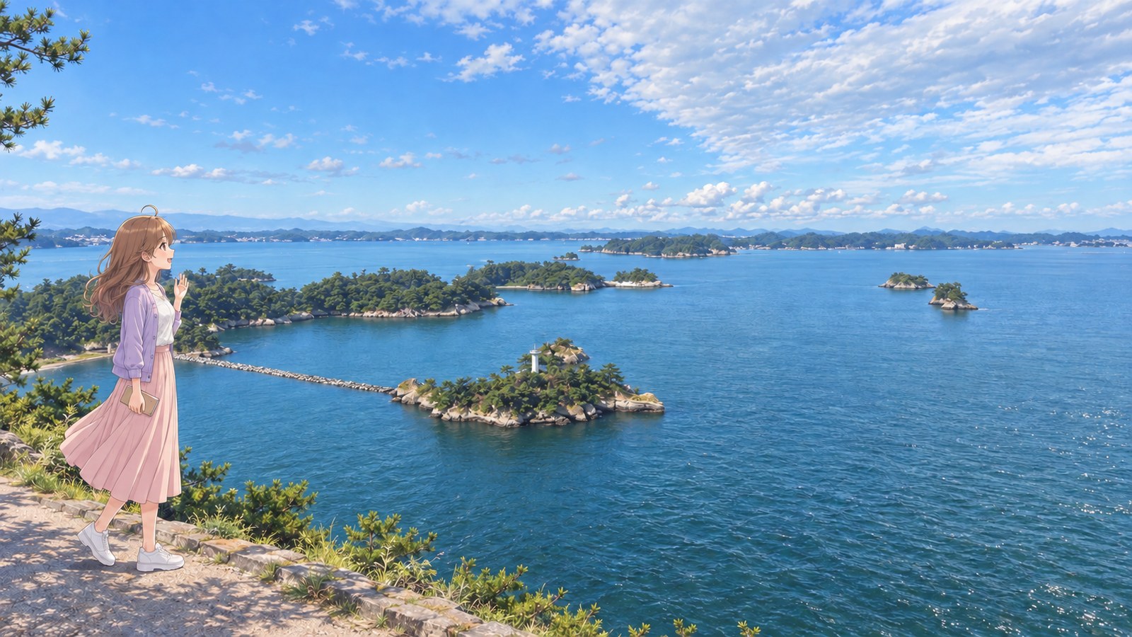 On the sea-facing side of Tamonzan, a woman in a pale lavender cardigan and pink skirt raises one hand as she looks out over the islands of Matsushima Bay.
