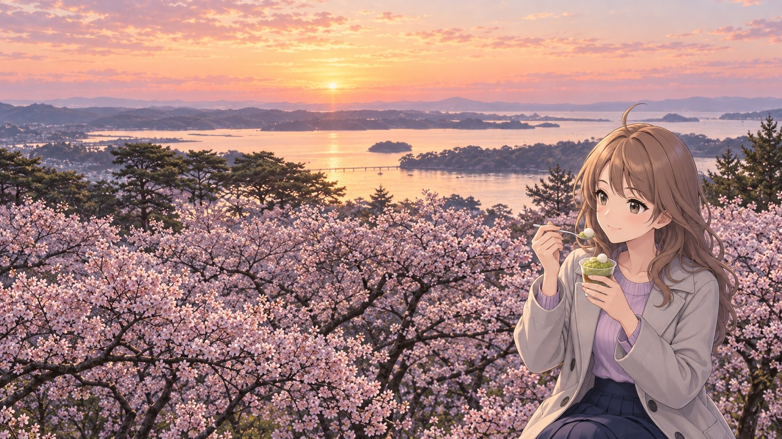A woman in a gray coat scoops zunda mochi from a cup with a spoon at Saigyō Modoshi no Matsu Park, with Matsushima Bay visible through the cherry blossoms in the background.