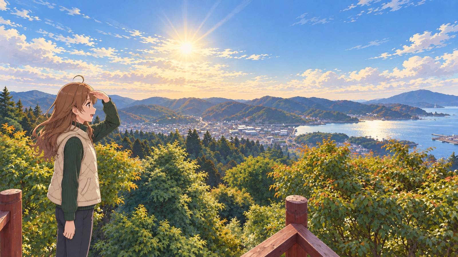 In front of a wooden railing on Mount Anba, a woman in a quilted vest and green sweater shades her eyes with her hand as she looks over Kesennuma and its bay