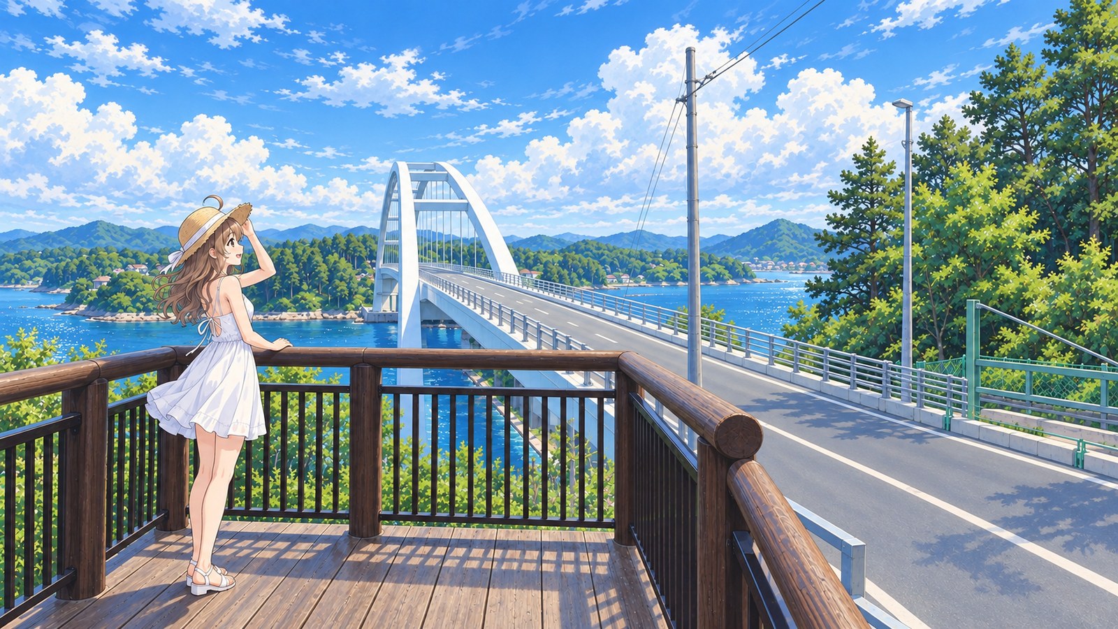 Kesennuma Oshima Bridge in summer. A woman in a white dress stands beside a wooden railing, holding her straw hat as she gazes at the bridge’s white arch.