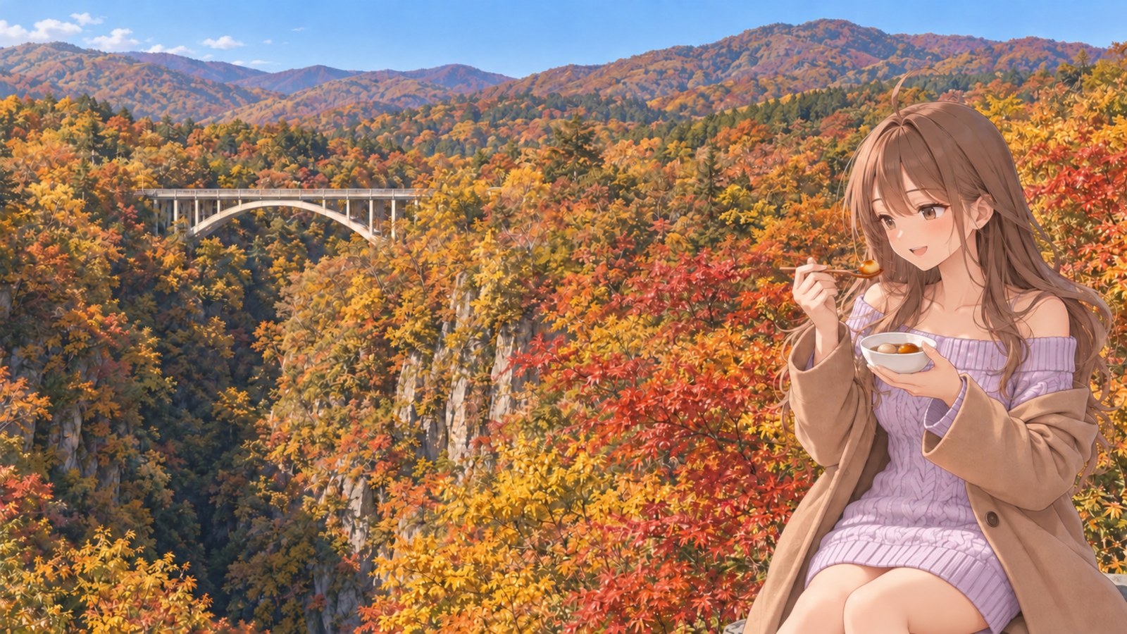 A woman in a camel-colored coat and pale purple sweater scooping chestnut dango from a small bowl with a wooden spoon, with autumn leaves in Naruko Gorge and Ōfukazawa Bridge behind her