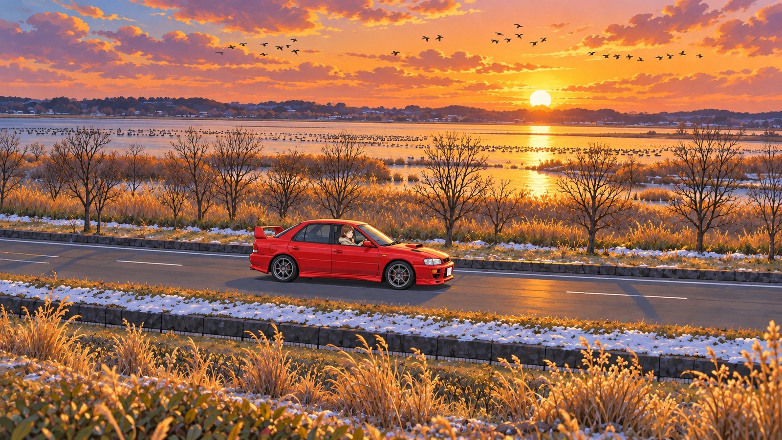 At sunset in winter, a woman drives a red four-wheel-drive sedan along Izunuma's north shore, eyes on the road. Patches of snow line the roadside, waterbirds dot the pond, and flocks fly overhead.