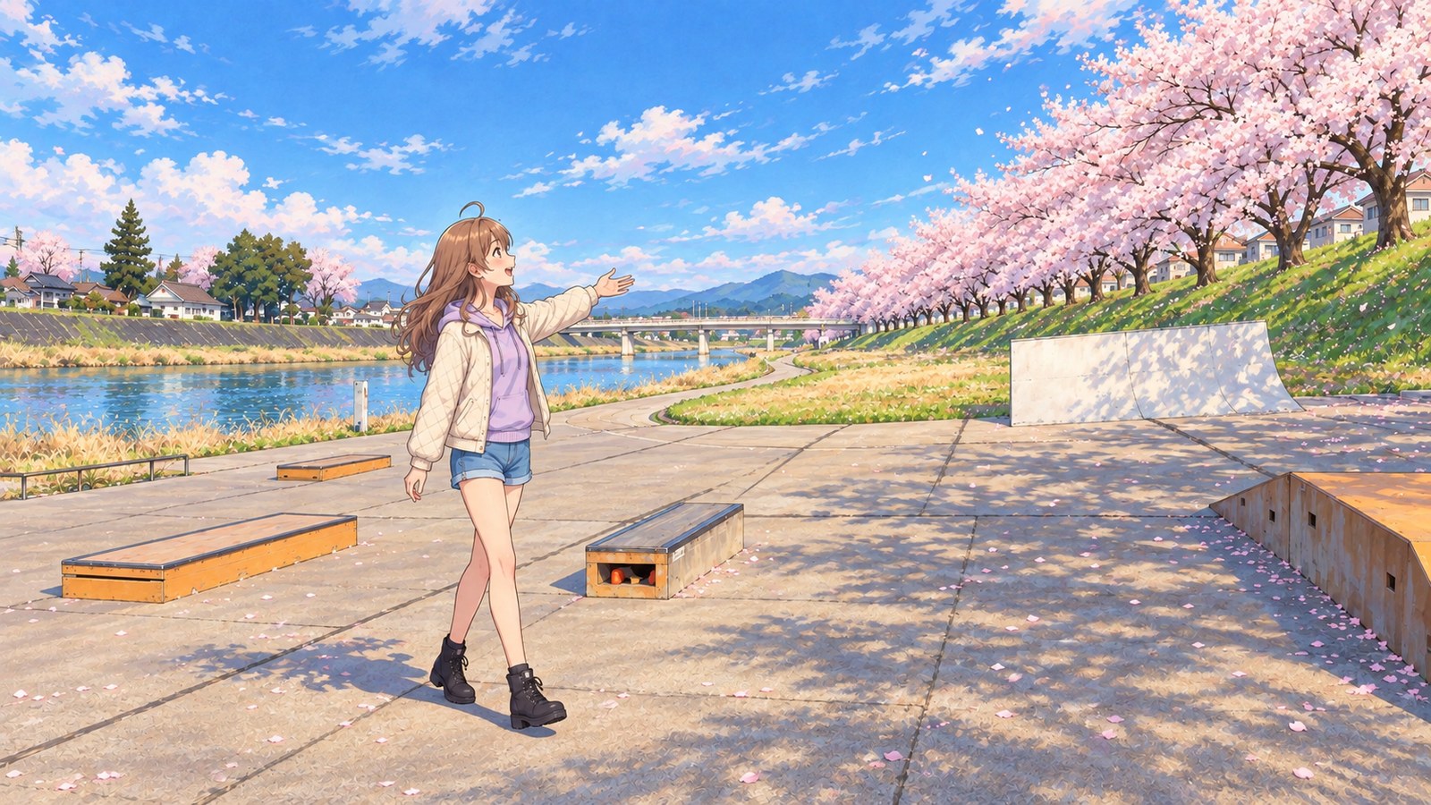 At Shiroishi River Park in spring, a woman in a cream-colored jacket, lavender hoodie, and denim shorts stands on the paved plaza with one arm outstretched toward the cherry trees. The Shiroishi River is on the left; cherry trees in full bloom line the levee on the right.